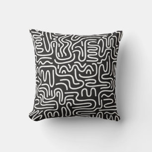 Retro Doodle Wavy Lines: Monochrome Cushion
