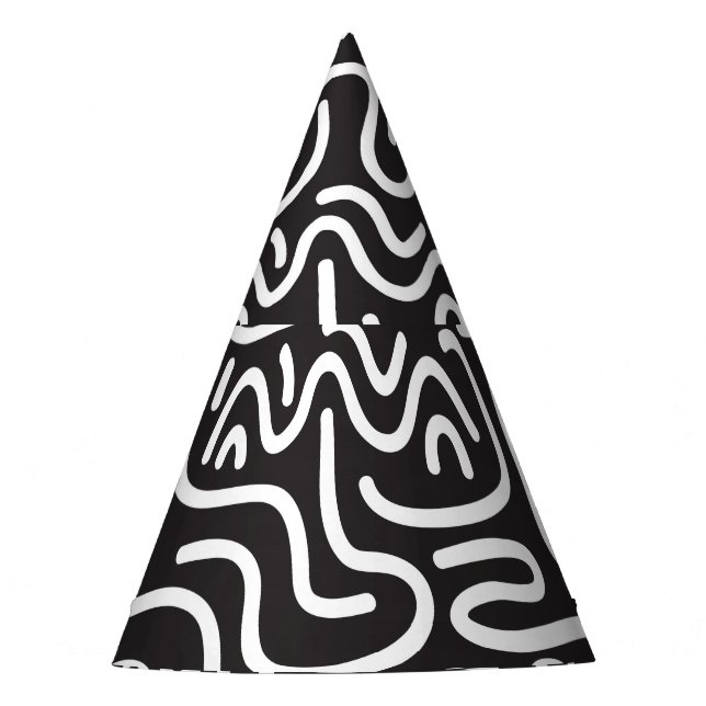 Retro Doodle Wavy Lines: Monochrome Party Hat (Front)