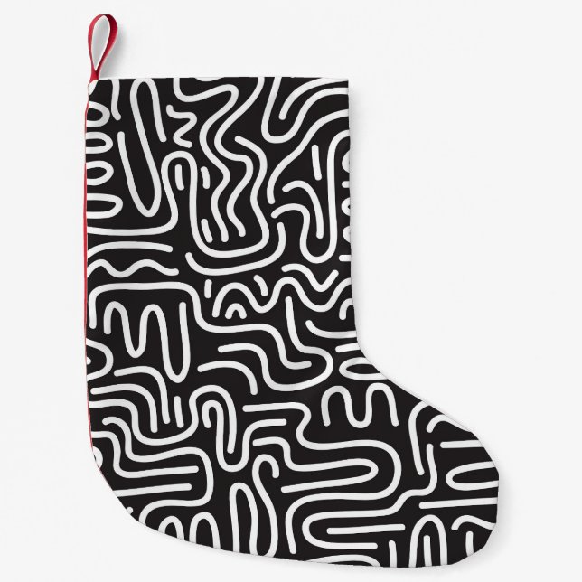 Retro Doodle Wavy Lines: Monochrome Small Christmas Stocking (Front)