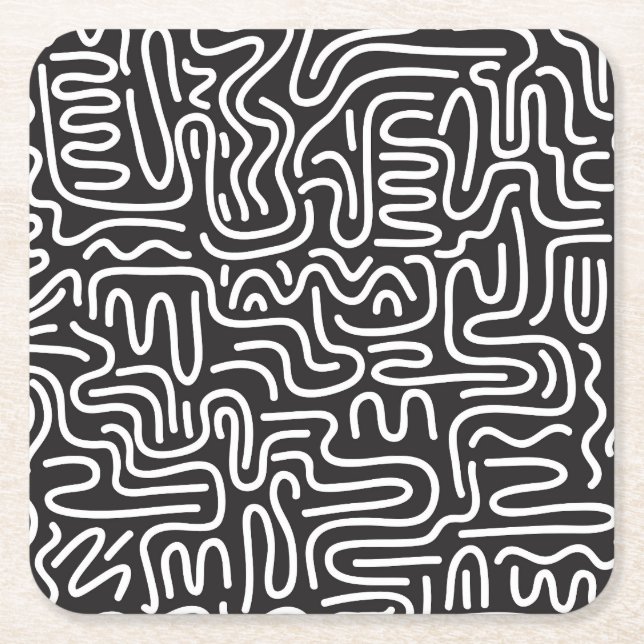 Retro Doodle Wavy Lines: Monochrome Square Paper Coaster (Front)
