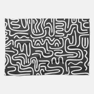 Retro Doodle Wavy Lines: Monochrome Tea Towel