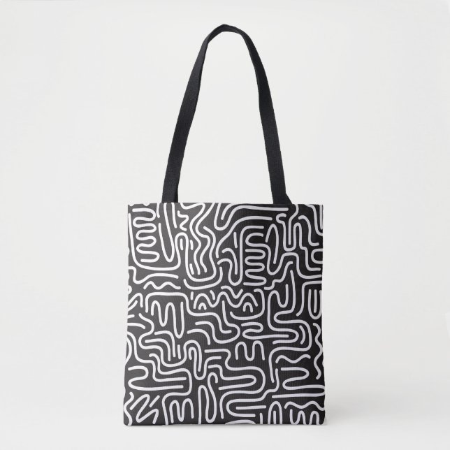 Retro Doodle Wavy Lines: Monochrome Tote Bag (Front)