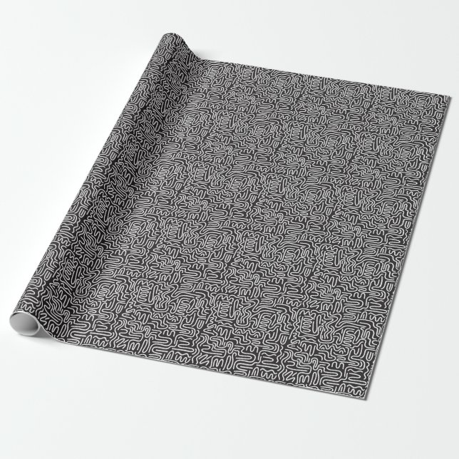 Retro Doodle Wavy Lines: Monochrome Wrapping Paper (Unrolled)