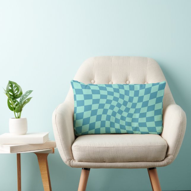 Retro Dorm Blue Groovy Warped Checks Chequered  Lumbar Cushion (Chair)