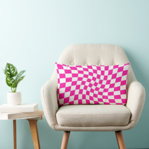 Retro Dorm Hot Pink Warped Checks Chequered Lumbar Cushion