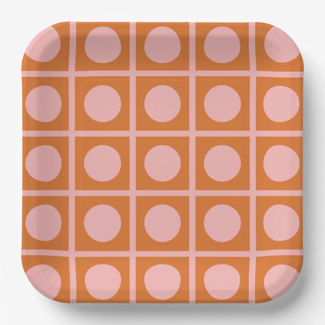 Retro Dot Grid Pink and Orange Pattern Paper Plate (Front)