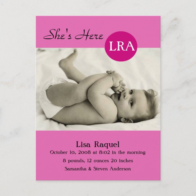 Retro Dot Photo Birth Announcement (Pink) Postcard (Front)