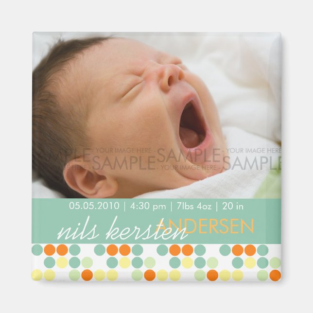 Retro Dots Aqua • Baby Announcement Magnet (Front)