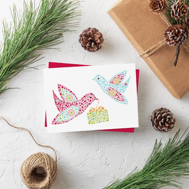 Retro Dots Christmas Doves Blank Flat Card (Creator Uploaded)