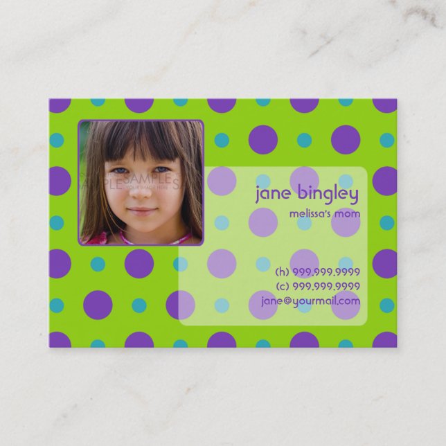 "Retro Dots" Green & Purple Mummy Business Card (Front)