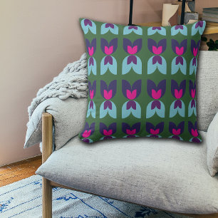Retro Double Tulip Green & Navy Throw Pillow