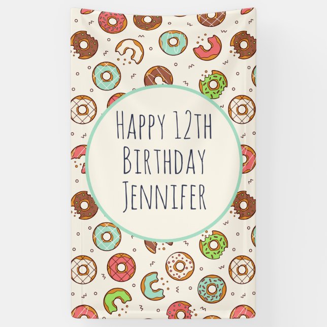 Retro Doughnut Pattern Cute Colourful Style Birthd Banner (Vertical)