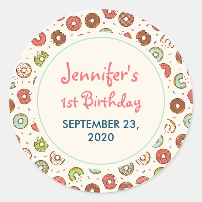 Retro Doughnut Pattern Cute Colourful Style Birthd Classic Round Sticker (Front)