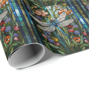 Retro Dragonfly boho floral botanical stain glass Wrapping Paper
