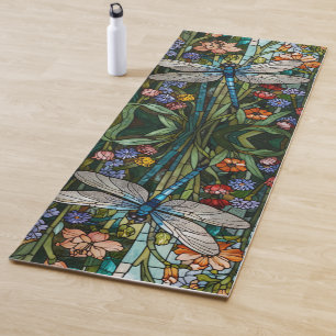 Retro Dragonfly boho floral botanical stain glass Yoga Mat