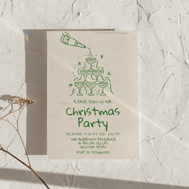 Retro Drawn Green Champagne Tower Christmas Party Invitation (Creator Uploaded)