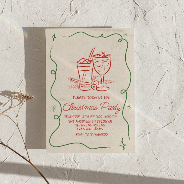 Retro Drawn Green Red Christmas Cocktail Fun Party Invitation (Creator Uploaded)