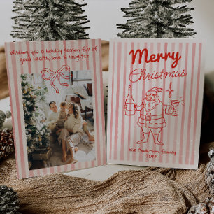 Retro Drawn Red Festive Santa Champagne Christmas Holiday Card