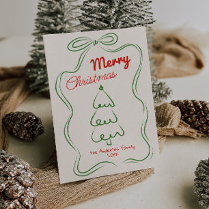 Retro Drawn Red Green Christmas Tree Bow Non-Photo Holiday Card