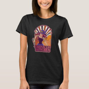 Retro Drink Up Witches Skeleton Witch Vibes Spooky T-Shirt