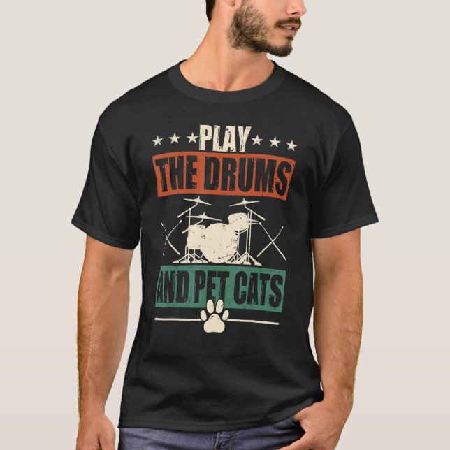 Retro Drummer Drumming Drums Percussion Cat Lover T-Shirt (Front)