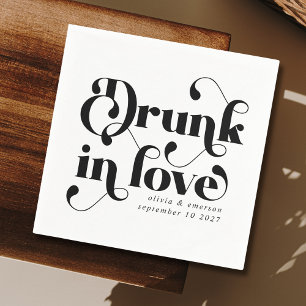Retro Drunk in Love Black and White Wedding Napkin