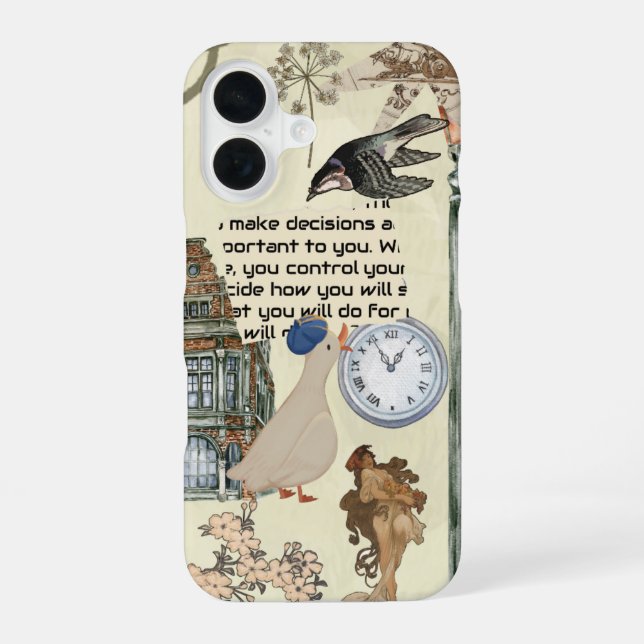 Retro Duck, Clock & Floral Art Design iPhone 16 Case (Back)