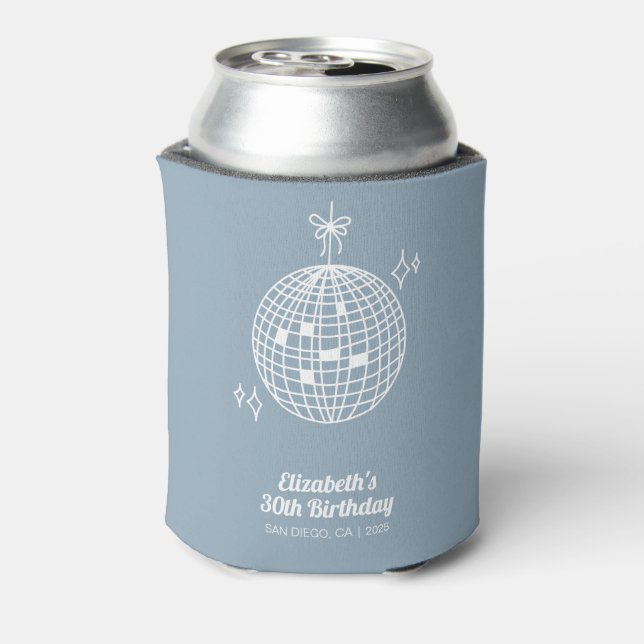 Retro Dusty Blue Disco Ball Birthday Personalised Can Cooler (Can Back)