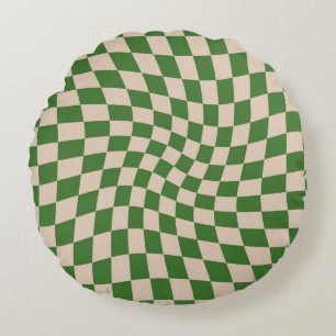 Retro Dusty Green Checks Warped Chequered  Round Cushion