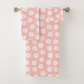 Retro Dusty Pink White Daisy Floral Bath Towel Set