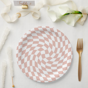 Retro Dusty Rose Sand Pink Checks Chequered Paper Plate
