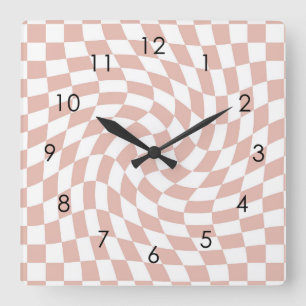 Retro Dusty Sand Pink Checks Warped Chequered Square Wall Clock