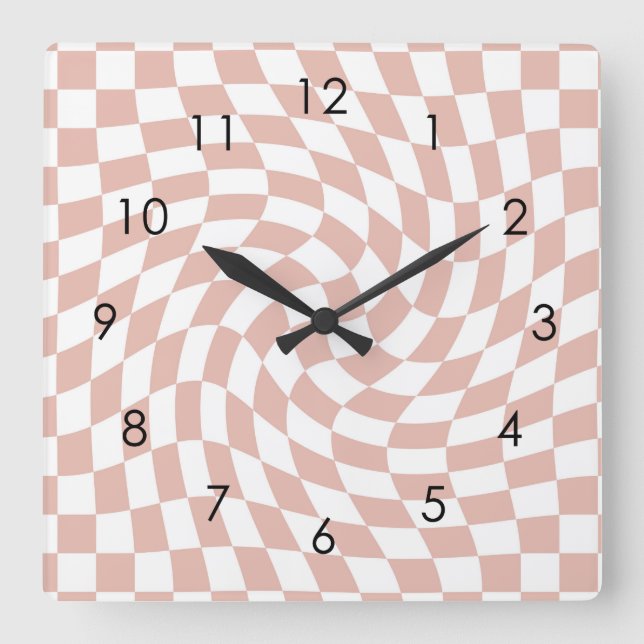 Retro Dusty Sand Pink Checks Warped Chequered    Square Wall Clock (Front)