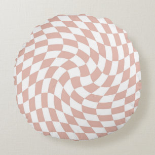 Retro Dusty Sand Rose Warped Check Chequered    Round Cushion