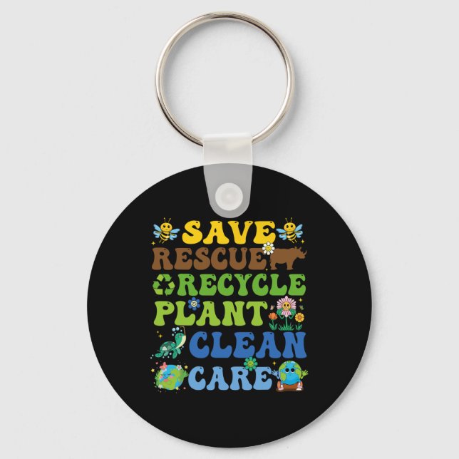 Retro Earth Day Save Bees Rescue Animals Recycle P Key Ring (Front)