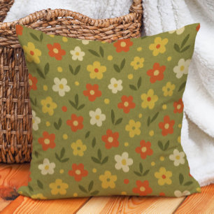 Retro Earth Tone Olive Orange Gold Floral  Cushion