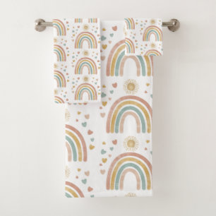 Retro Earthy Colours Watercolor Rainbow Sun Patter Bath Towel Set