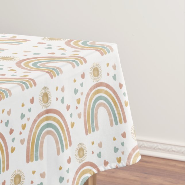 Retro Earthy Colours Watercolor Rainbow Sun Patter Tablecloth (In Situ)