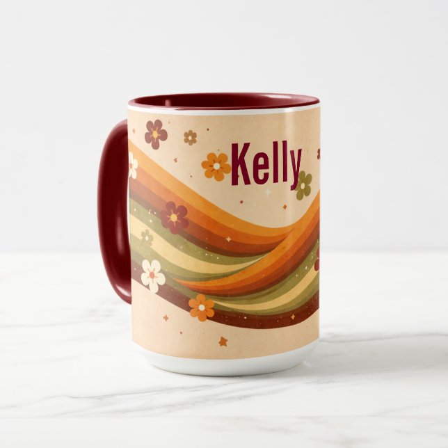 Retro Earthy Rainbow & Flowers Custom Name Mug (Front Left)