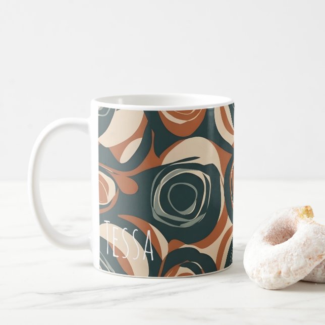Retro Earthy Swirl Pattern Mid-Century Modern Coffee Mug (With Donut)