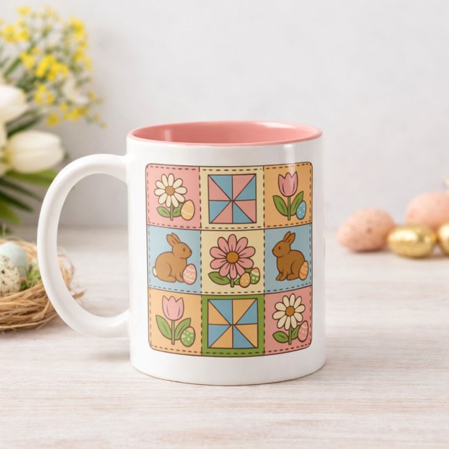 Retro Easter Bunny Floral Quilt Pattern  Two-Tone Coffee Mug (Creator Uploaded)