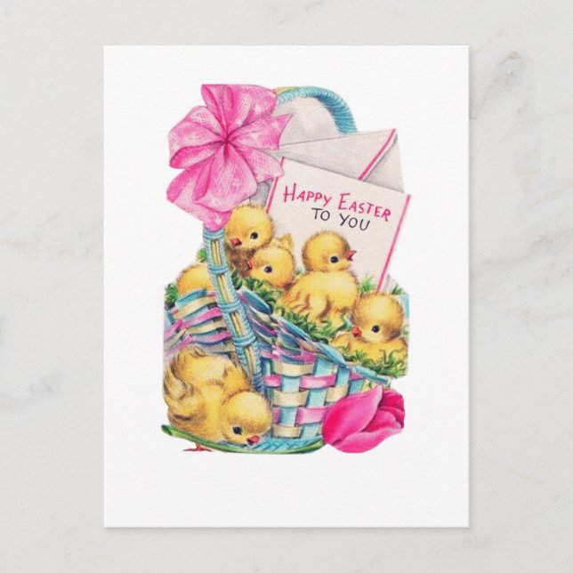 Retro Easter Chicks in a Basket Postcard (Front)