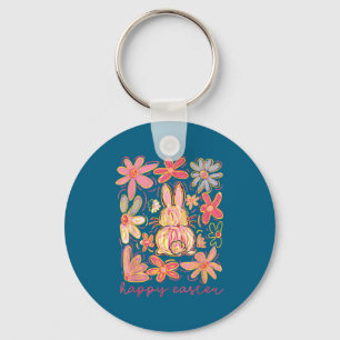 Retro easter day bunny floral flower rabbit cuteRe Key Ring
