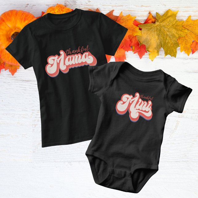 Retro Editable Colours Thankful Mama and Mini  T-Shirt (Creator Uploaded)
