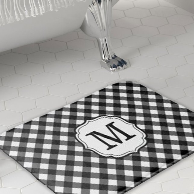 Retro Elagant Personalised Gingham Bath Mat (retro elegant personalized black and white gingham check bath mat)