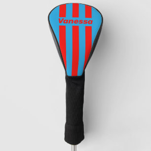Retro Electric Blue Red Three Pin Stripes & Name Golf Head Cover