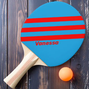 Retro Electric Blue Red Three Stripes with Name Ping Pong Paddle