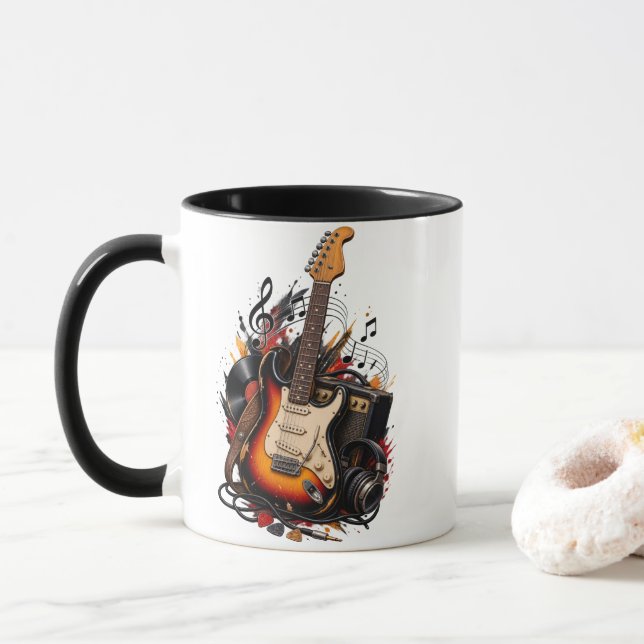 Retro Electric Guitar & Amp Double-Sided Two-Tone  Mug (With Donut)
