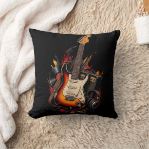 Retro Electric Guitar & Amp Rock Music Black Throw Cushion