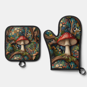 Retro elegant bohemian mushroom forest oven mitt & pot holder set